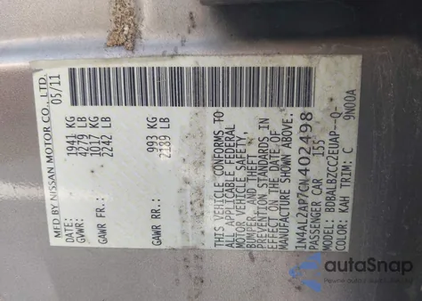 2012 Nissan Altima 2.5 S z USA, uszkodzony, nr VIN 1N4AL2AP7CN402498